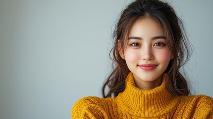 Portrait of a Smiling Asian Woman in a Mustard Yellow Sweater