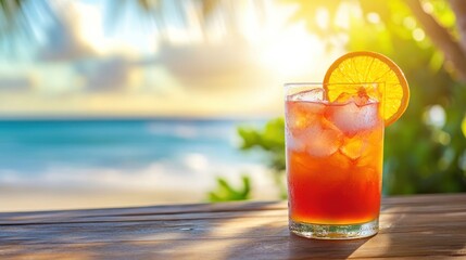 Tropical cocktail on a beach table