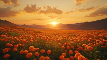 Vibrant orange marigold field at sunset, with mountains in the background.