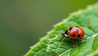 Fototapeta premium Closeup of a Ladybug Crawling on a Green Leaf in Natural Outdoor Setting During Spring