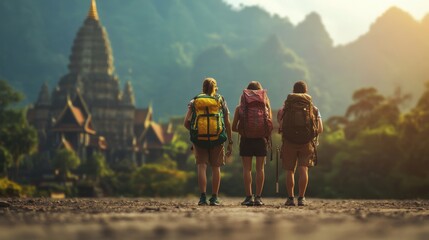 Naklejka premium Adventurous trio exploring ancient temple during breathtaking journey in nature