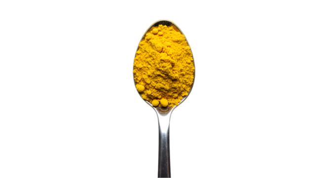 Teaspoon holding ginger powder, centered on white background, PNG format