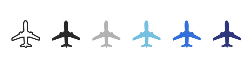 Airplane vector icon set in black and blue colors. Plane icons set in flat filled style. Transportation and travel symbol.