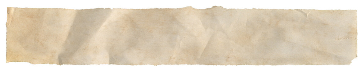 Old crumpled torn paper strip with detailed ripped edges and carefully isolated ragged  textures on transparent background for clipart.