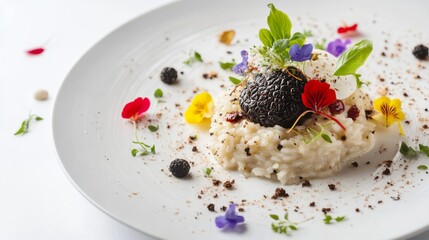 A beautifully plated gourmet dish garnished with vibrant edible flowers and fresh herbs. This stunning presentation highlights culinary art. Generative AI