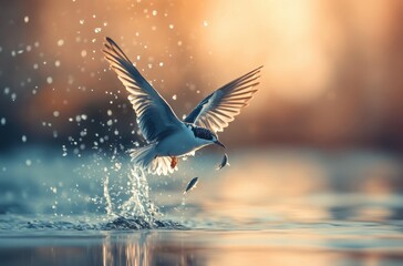 Action-packed photo of a bird diving towards the water, aiming for a fish, frozen in motion, with expert color grading