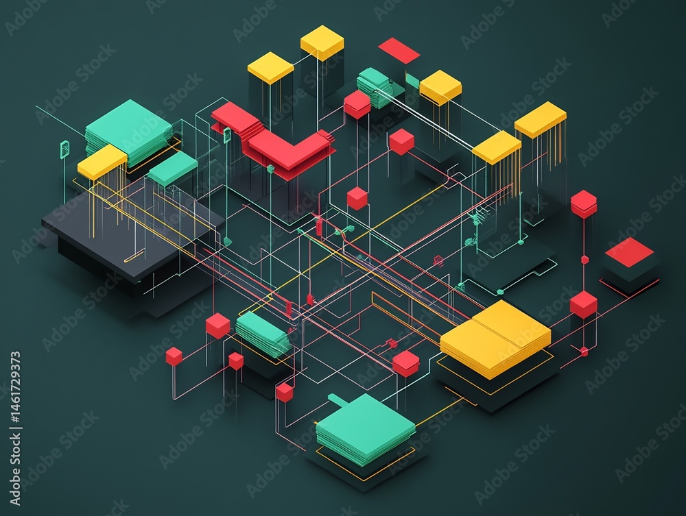 Poster isometric network: abstract geometric data visualization with connected elements