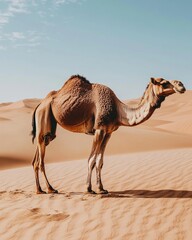 A majestic camel stands gracefully in the vast desert landscape. This stunning image captures the beauty of nature. It represents resilience and adaptation. Generative AI.