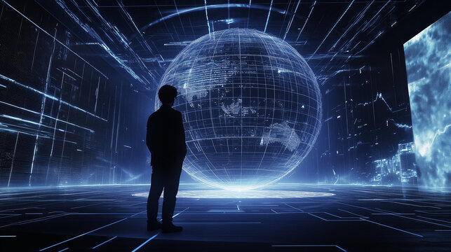 A digital globe symbolizes global data flow, featuring numeric elements and graphics. Surrounded by circular lines, it floats in a blue-black abstract space with futuristic energy. - Powered by Adobe