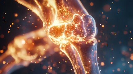 A glowing, detailed illustration of a human joint with highlighted bone and cartilage structures, surrounded by dynamic particles.