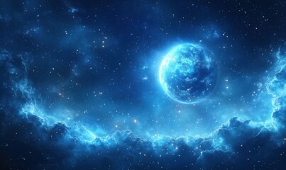 Fototapeta premium Stunning cosmic landscape featuring a glowing blue planet and starry sky