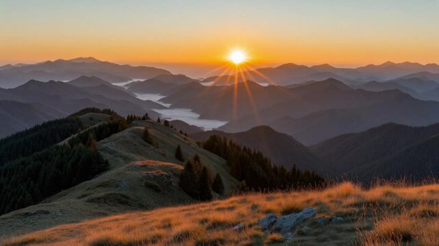 Serene Sunset Over Misty Mountain Range with Vibrant Sky and Rolling Hills in Tranquil Landscape