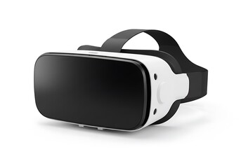 A vr headset with a black screen and white frame sitting on a white surface in a studio setting