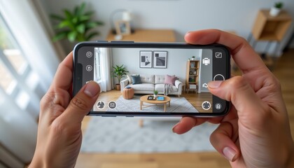 Hands Holding Smartphone Taking Photo of a Cozy Living Room with Modern Furniture and Decor