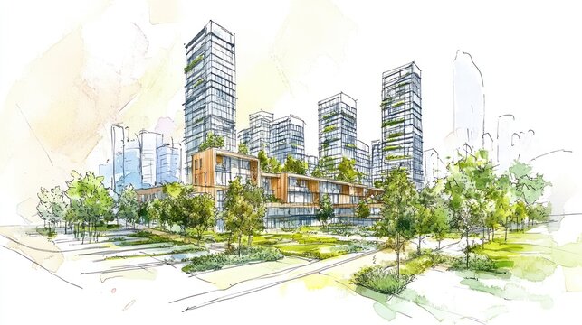 Modern urban development architectural rendering with green spaces and high-rise buildings.