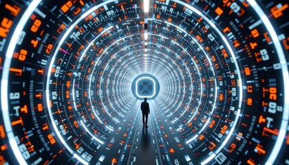 Obraz premium Futuristic Digital Tunnel with Glowing Numbers and Silhouette of a Person in Motion