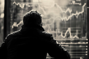 Financial charts viewed by a thoughtful person.