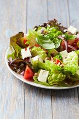 ]Salad with feta cheese and tomatoes. Close up.
