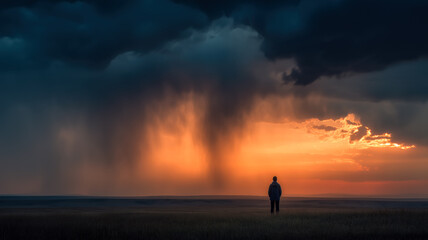 Fototapeta premium Silhouette of a person watching as dramatic storm clouds meet the warm glow of the sunset over a vast, open landscape.