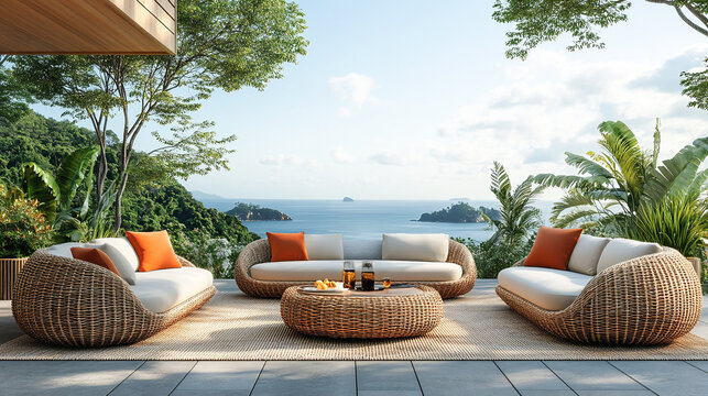 Elegant outdoor furniture set rattan and straw textures neutral tones with pops of tropical accent colors arranged to suggest luxurious resort or highend patio setting