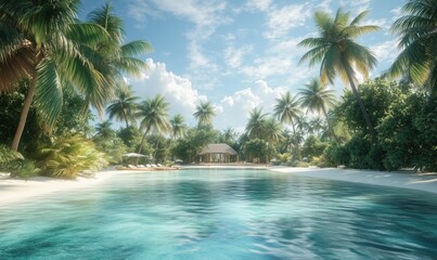 Fototapeta premium Tropical paradise with palm trees and serene lagoon in sunny weather