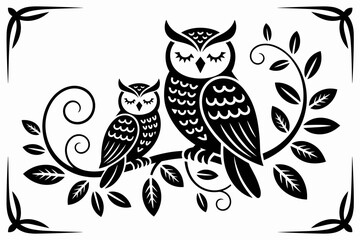 Stylized Owl and Owlet Silhouette on Tree Branch – Black and White Folk Art Illustration

