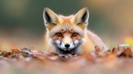 Fototapeta premium Red fox in autumn leaves, close-up