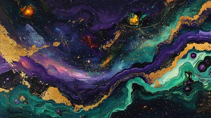 Abstract Cosmic Galaxy Art With Gold And Emerald Colors