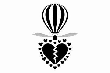Naklejka premium Hot Air Balloon Dropping Broken Hearts – Symbolic Black and White Concept Art