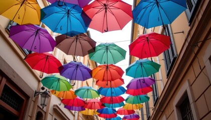 Colorful Umbrellas Hanging Above a Charming Street in an Urban Environment