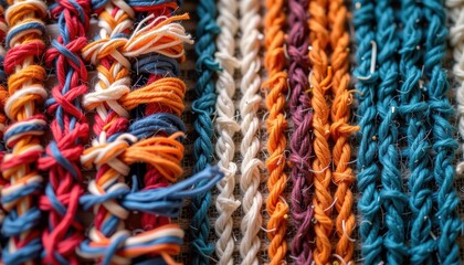 Close-Up of Colorful Textiles Showcasing Intricate Weaving Patterns and Textures