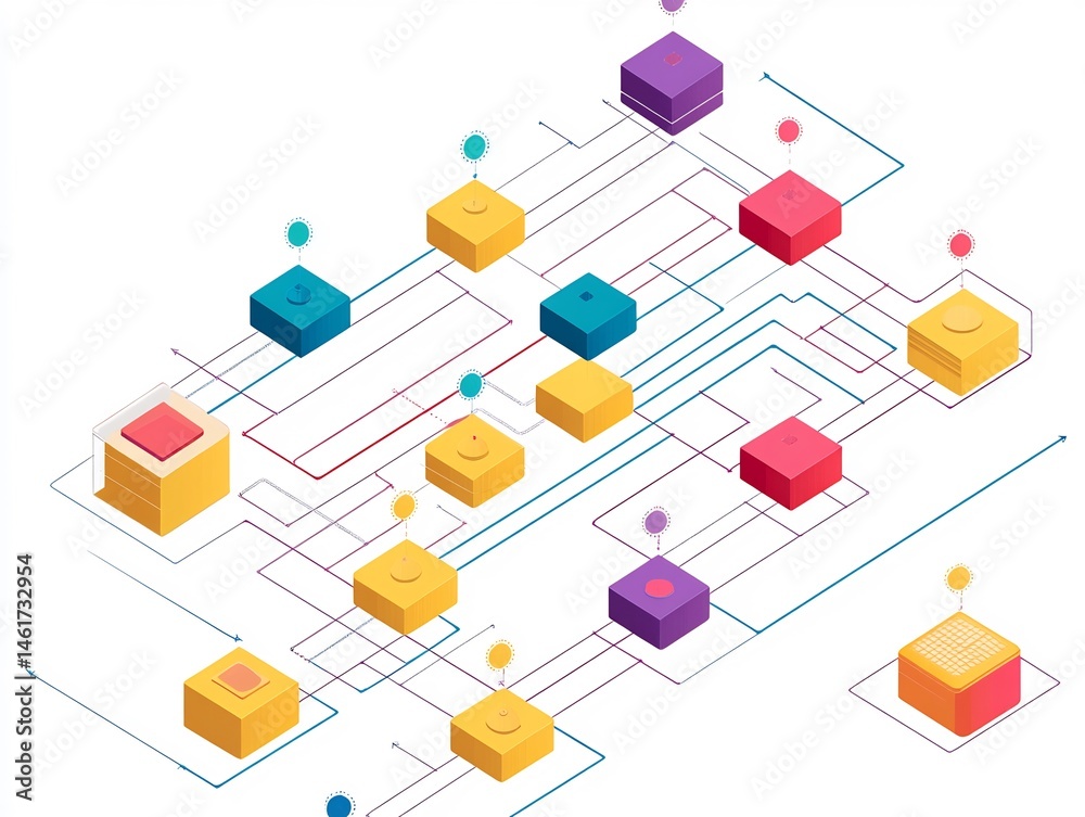 Poster isometric interconnected block illustration representing data network structure