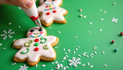 Obraz premium Hand Decorating Gingerbread Cookies with Icing and Sprinkles on a Green Background During the Holiday Season