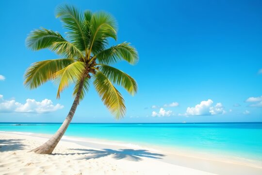 Sandy tropical beach with a single coconut palm tree under clear blue sky, sand, coconut