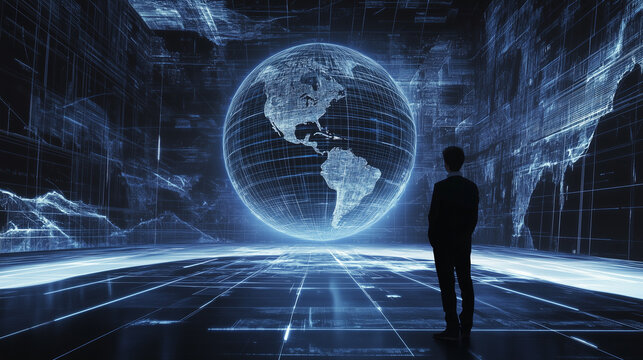 A digital globe symbolizes global data flow, featuring numeric elements and graphics. Surrounded by circular lines, it floats in a blue-black abstract space with futuristic energy.
