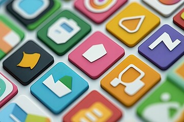 Close-up of colorful app icons on a grid  Each icon is square, 3D, and has a variety of bright, contrasting colors and shapes