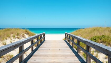 Fototapeta premium Serene wooden boardwalk leading to sandy dune beach with clear blue sky background, nature, dune
