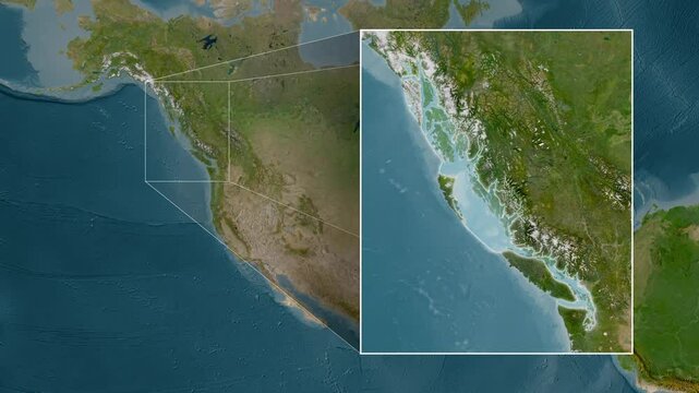 The Coastal Waters of Southeast Alaska and British Columbia. Satellite map.