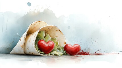 Taco filled with love-shaped lettuce in playful design, watercolor shades. Open space for a personalized message.