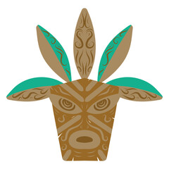 Green tiki mask illustration. Tribal wooden mask totem in hawaiian style. Tribal tiki idol head.