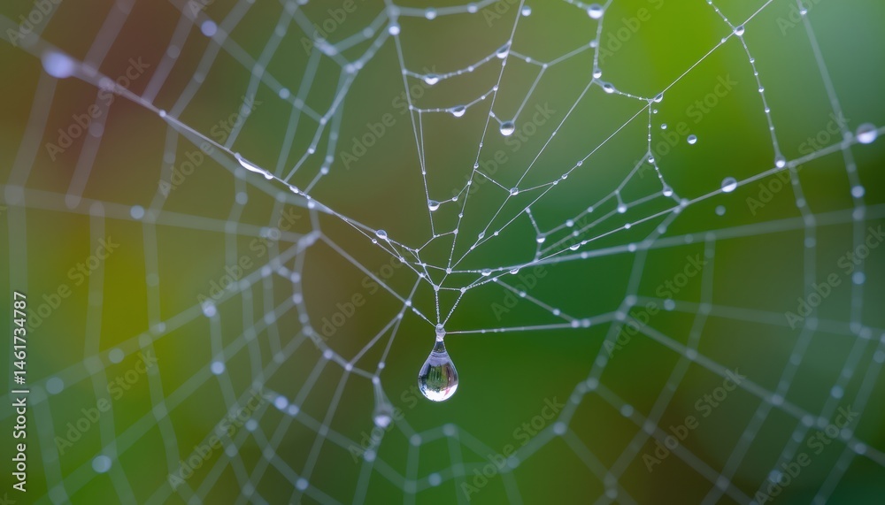 Wall mural intricate spider web adorned with dew drops against a soft green background in nature