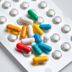 Pills of different colors lie on the surface in a  package.