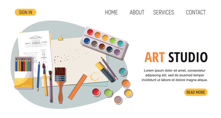 Big set with painting tools element. Art class studio web banner template. Paints, brushes and stationery. Trendy modern vector illustration isolated on white. Vector