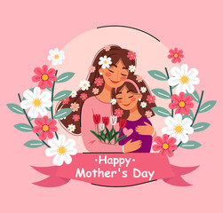 Illustration of mother and daughter with flowers on light pink background.Greeting card for Happy Mother's Day.