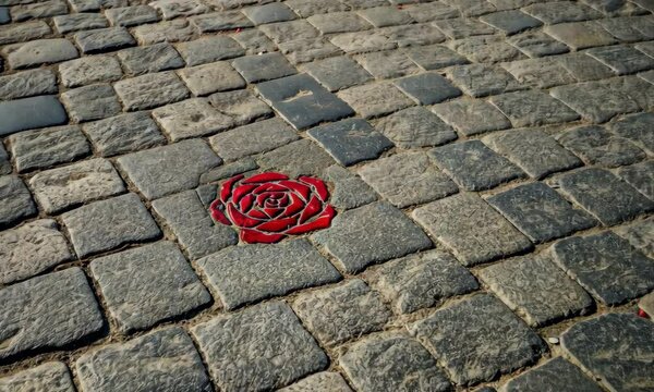 Red rose stencil on cobblestone street symbolizing love and remembrance