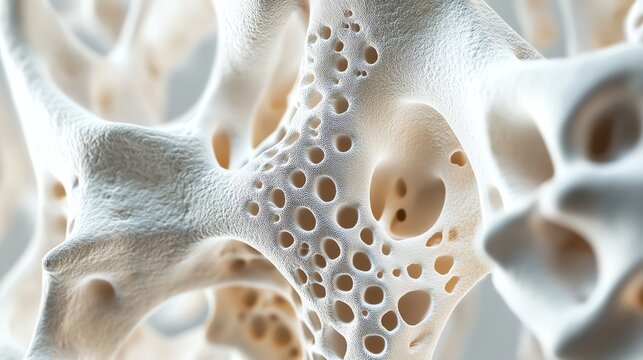 A detailed close-up of porous bone tissue structure, highlighting the intricate network and texture of bone material.