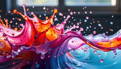 Vibrant Colorful Liquid Splash Captured in Motion with Dynamic Drops and Swirling Waves