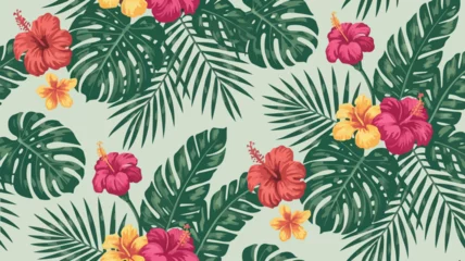 Fototapete Tropische Blätter Tropical Leaf and Hibiscus Floral Seamless Pattern Background  © Melange