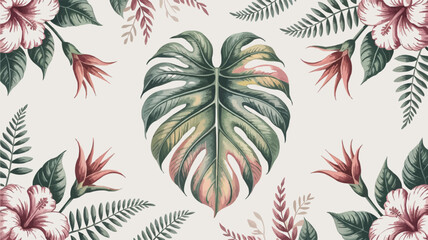 Tropical Leaf and Hibiscus Floral Seamless Pattern Background