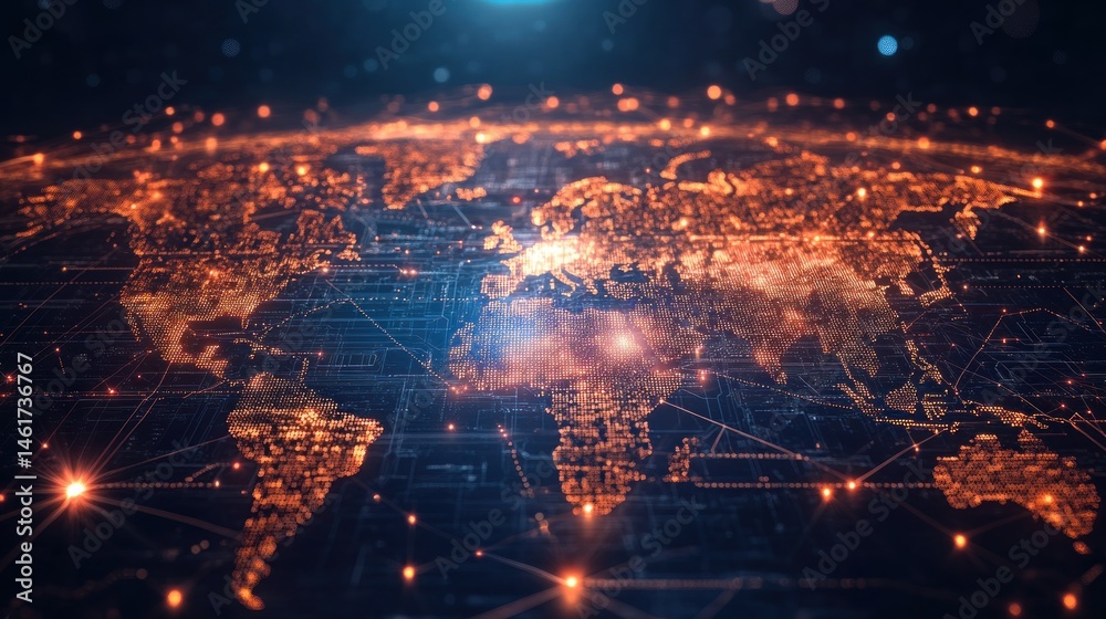 Poster global network connection, digital world map with glowing nodes and lines.
